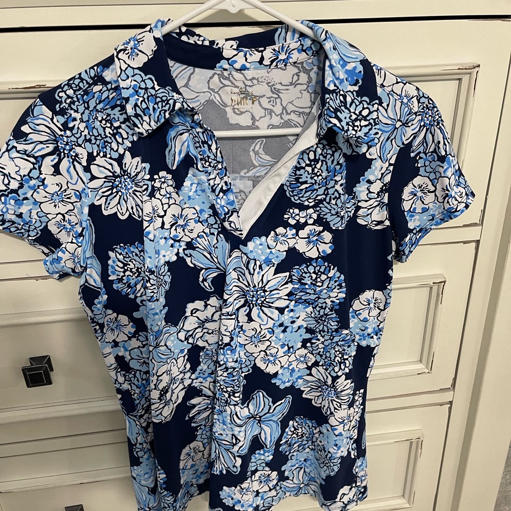 Lilly Pulitzer UPF 50+ luxletic frida polo top low tidy navy bouquet all day